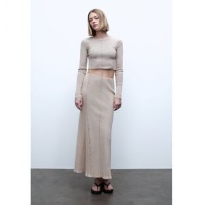 NWT Zara 2 pieces match set washed rib top + maxi long skirt gray marl